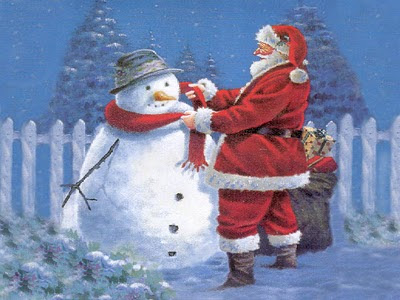 Djed Mraz ukrašava snješka za Božić - Božićne slika, e-card čestitka i 