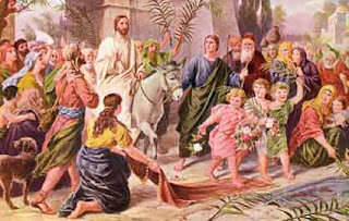 Palm Sunday 2009 Jesus in white dress on donkey and people, children,ladies,women praying God nice colorful drawing art hot gallery