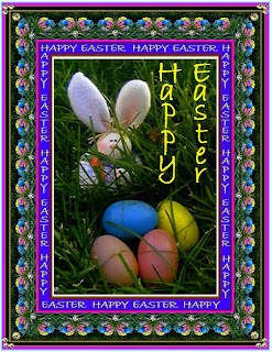 Happy Easter 2009 photo frame border with colored eggs, flowers, garden and Easter bunny hot image