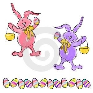 Easter children coloring page of Easter bunnies with baskets and colorful eggs sexy pic