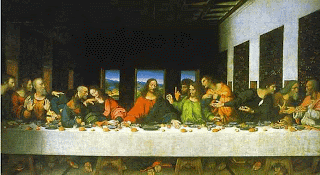 Jesus Christ sharing bread with his twelve apostles during Last Supper religious Davinci drawing art photo