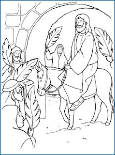 Jesus Christ on donkey entering into the village(city) on Palm Sunday with palms coloring page for kids pic