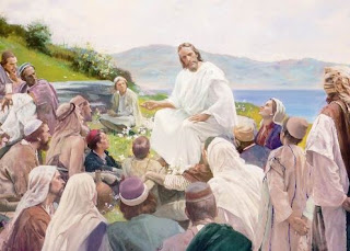 Jesus Christ saying sermon lessons to the people on the rocks of the mount color image
