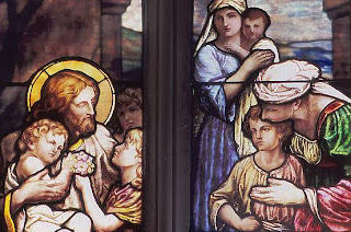 Jesus taking care of children and their mothers standing at Jesus Canvas stained glass art gallery