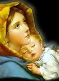 Mother Mary looking to the sky and Child Jesus sleeping Christian religious picture