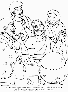 Jesus Christ sharing the holy bread and wine with twelve apostles coloring page