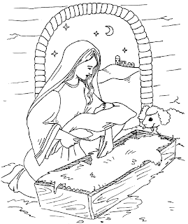 Printable coloring page of just born Child Jesus in manger nativity with Mother Mary Christian religious coloring page for kids