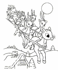 Santa Claus with sled coming down to town over houses in the sky with gifts and presents for children coloring page for kids Christian bible Christmas coloring page