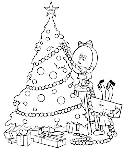 photo of Christmas tree decorated with Christmas baubles, Christmas star, and gifts kids free printable coloring page for Christians download