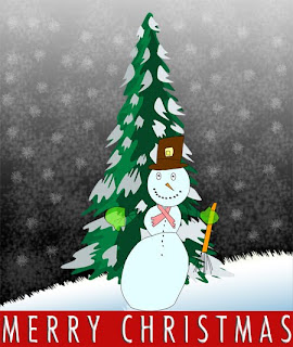Beautiful Merry Christmas drawing background wallpaper with smiling snowman and Green Christmas tree Free Christian pictures download
