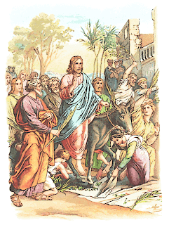 woman and children praying at Jesus's feet on his coming on donkey into Jerusalem color drawing image download religious pictures