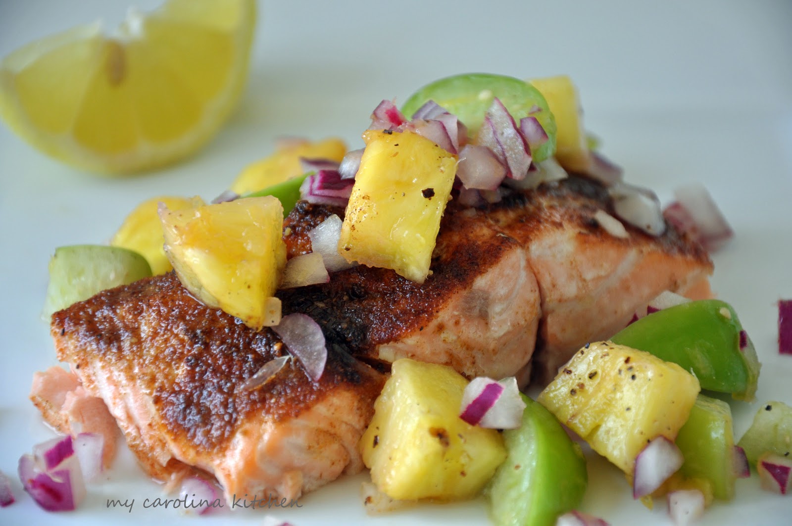 My Carolina Kitchen Broiled salmon with tropical pineapple and