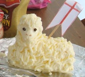 Butter stick made into a lamb with a banner inserted into it