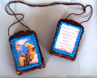 Chocolate cakes with religious images and text tethered together 