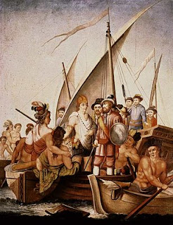 En la imagen: Óleo de autor mexicano desconocido del siglo XV en el que se representa a García Holguín capturando al príncipe Cuauhtémoc. Museo América de Madrid, España