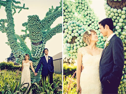 tree with green balls wedding portrait