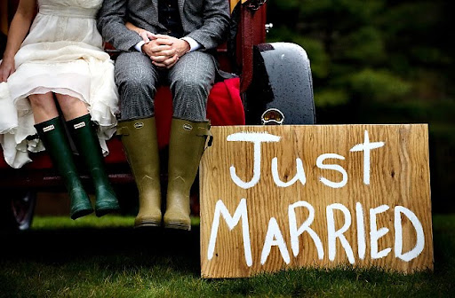 just married wooden sign galoshes