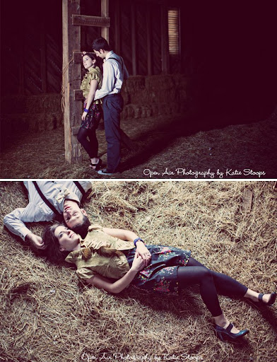 winter engagement with snow and barn