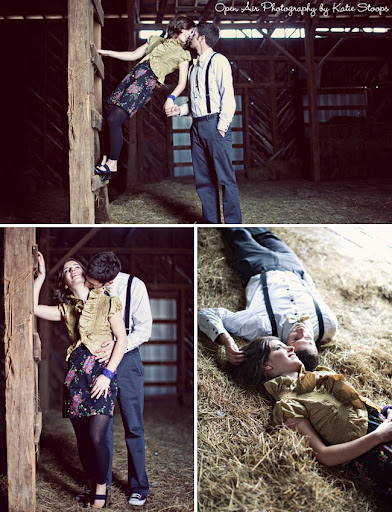 winter engagement with snow and barn