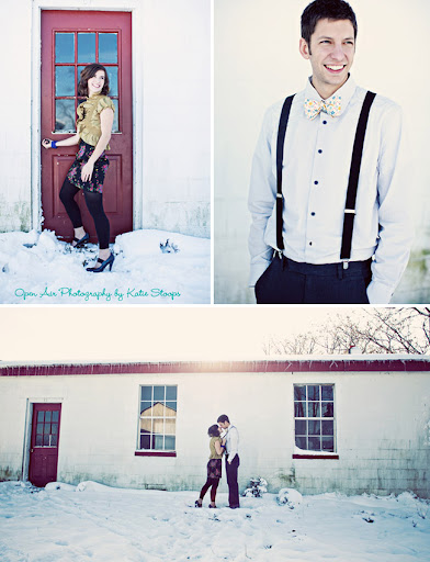 winter engagement with snow and barn