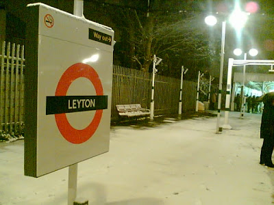 Photo of Leyton Tube Station (London Underground) at 5.35 am on Jan 24th. Snow. A rare sight here.