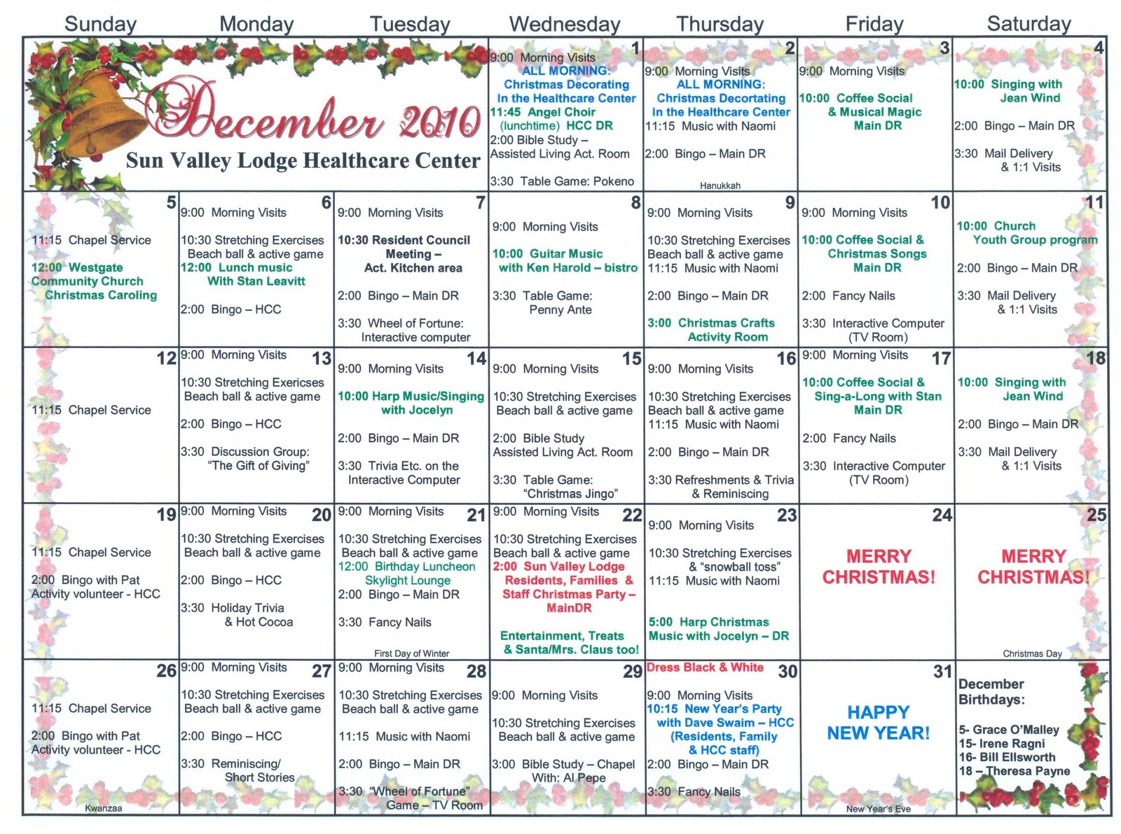 December Health Care Center Activities to Sun Valley Lodge