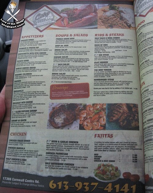 The Wing Bucket City Limits Yellowpages menu