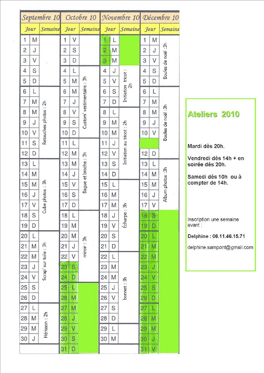 calendrier des ateliers 2010