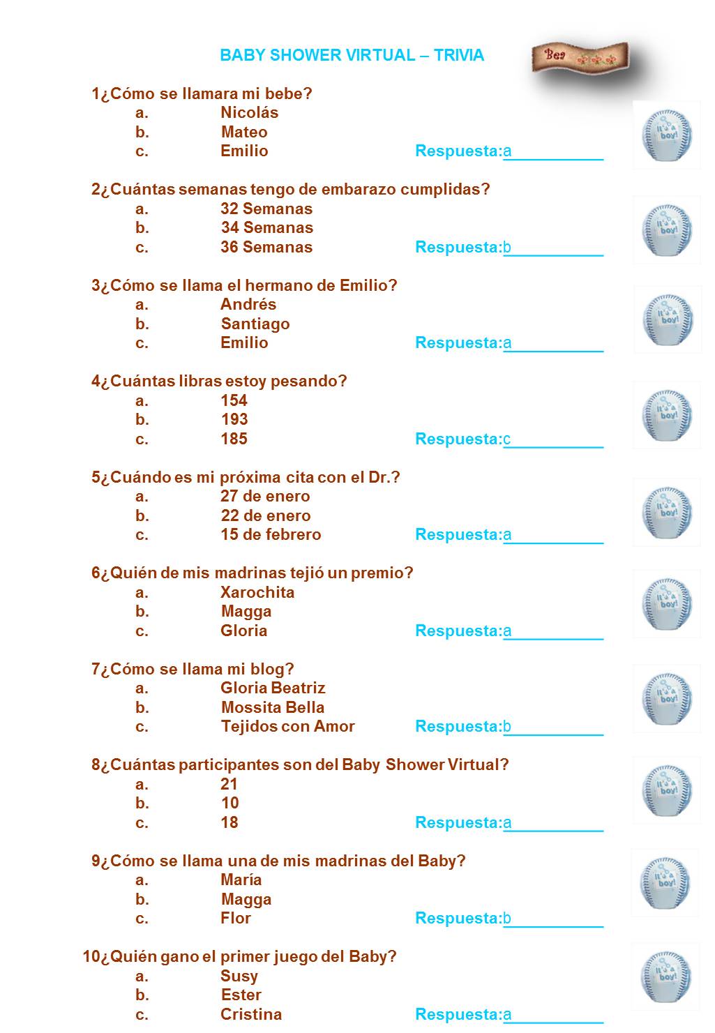 " Mossita Bella Crochet y Tejido " RESPUESTAS JUEGO BABY SHOWER Y