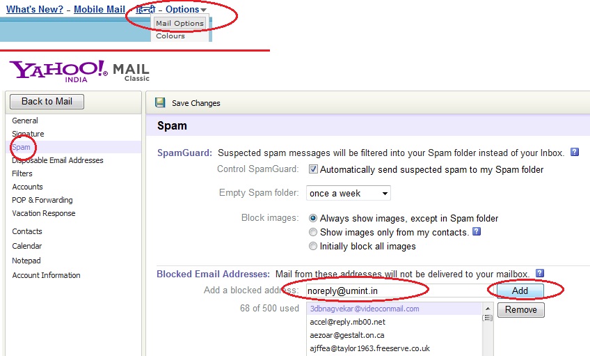 how to block unknown email sender in yahoo