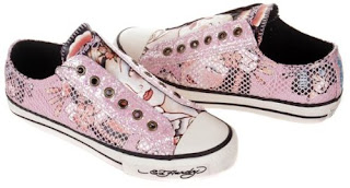 ED HARDY By Christian Audigier Lowrise Glitter Cage Fish Net Womens Glitter Design Slip On Sneakers Shoes Geisha Pink