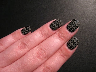 Catrice Absolutely Chinchilly! stamped with Wet n Wild Black Creme and imageplate M60 konadicure m60 stamping catrice absolutely chinchilly! wet n wild black creme nail polish nailswatches