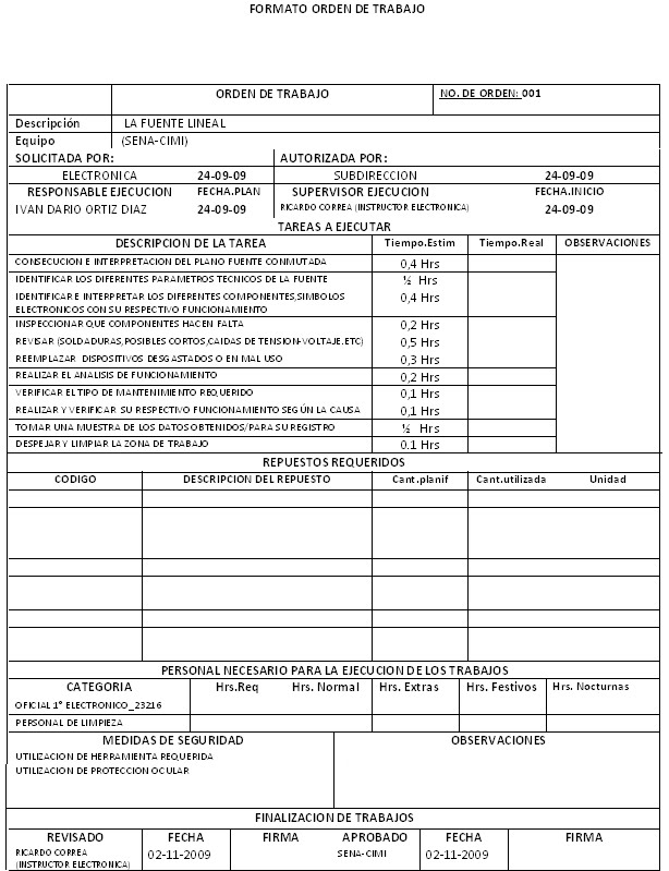 formato para orden de trabajo