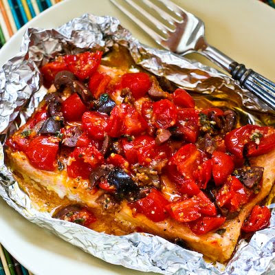 Grilled Salmon Packets with Tomatoes, Olives, Garlic, Thyme, and Saffron