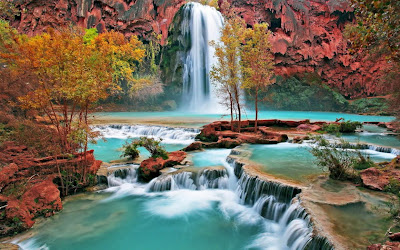 Mountain Waterfall With pink Grass - Nature Photography Wallpaper waterfall, unique photography, beauty photography, nature photography, lake, lake photography, river, river photography,