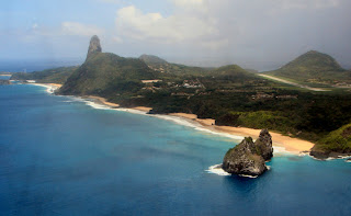 Fernando seen from north-west. The airport is visible, and the village of Vila dos Remedios is hiding behind the pointy peak