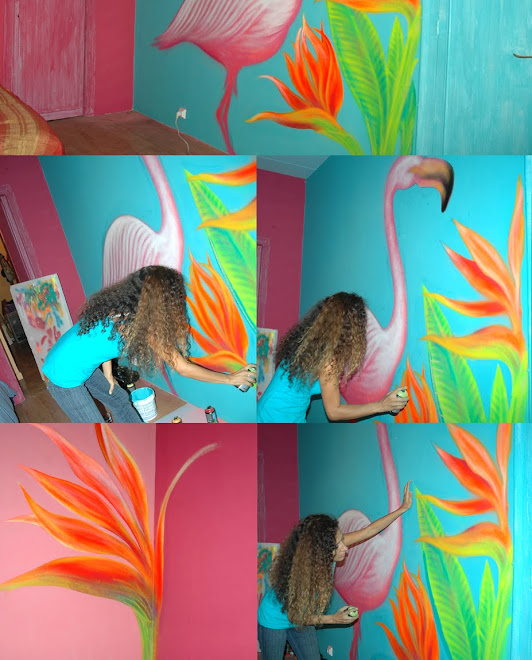 proceso de retoques Mural flamingo en habitación