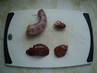 The giblets from my Thanksgiving turkey: neck, heart, and kidney