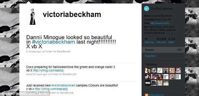 Approval: Victoria Beckham Tweeted Dannii looked 'beautiful' in the dress