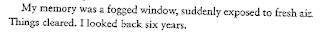 My memory was a fogged window, suddenly exposed to fresh air. Things cleared. I looked back six years.