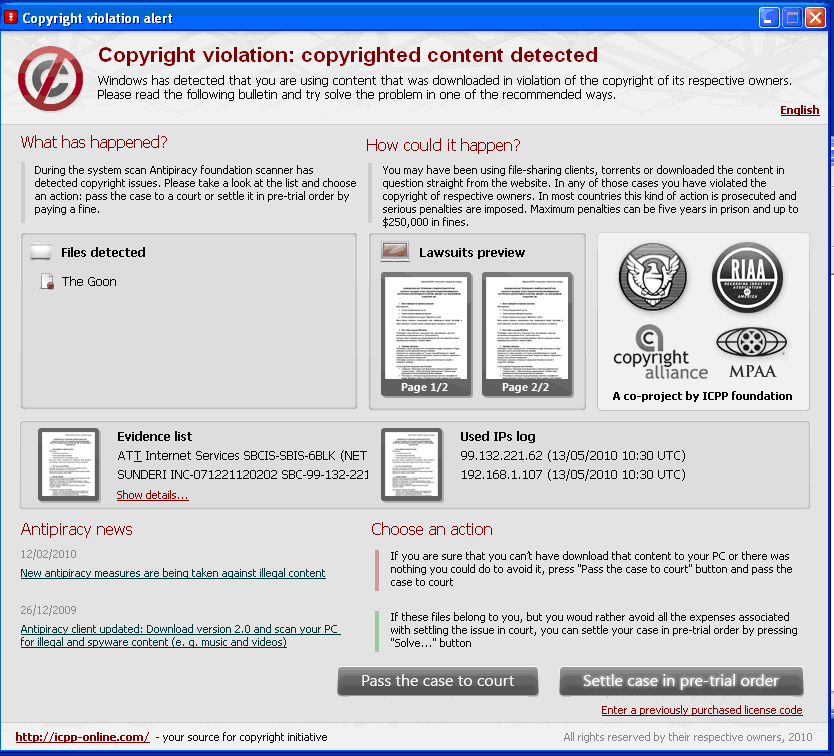 remove icpp copyright violation alert malware copyright violation