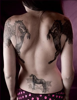 Horse Tattoo on Shoulder and Lower Back - Female