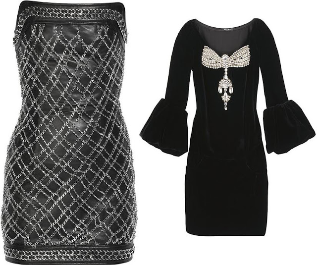 B almain ) )  Balmain+Chain+and+leather+mini+dress+and+Jewel-embellished+velvet+dress
