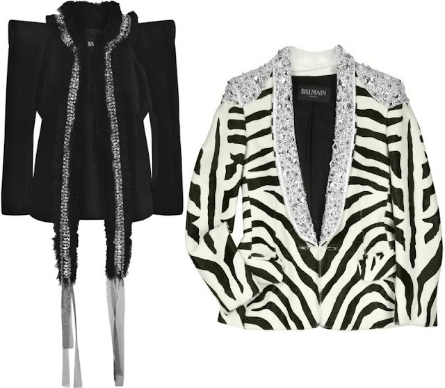 B almain ) )  Balmain+Crystal+and+lace-trimmed+jacket+and+Zebra-print+ponyskin+blazer