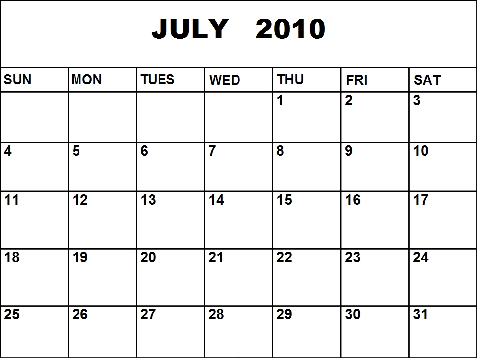 Blank July 2010 Calendar