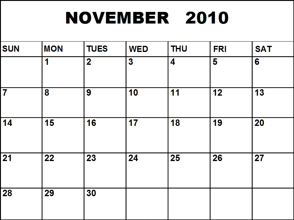 Blank November 2010 Calendar printable template