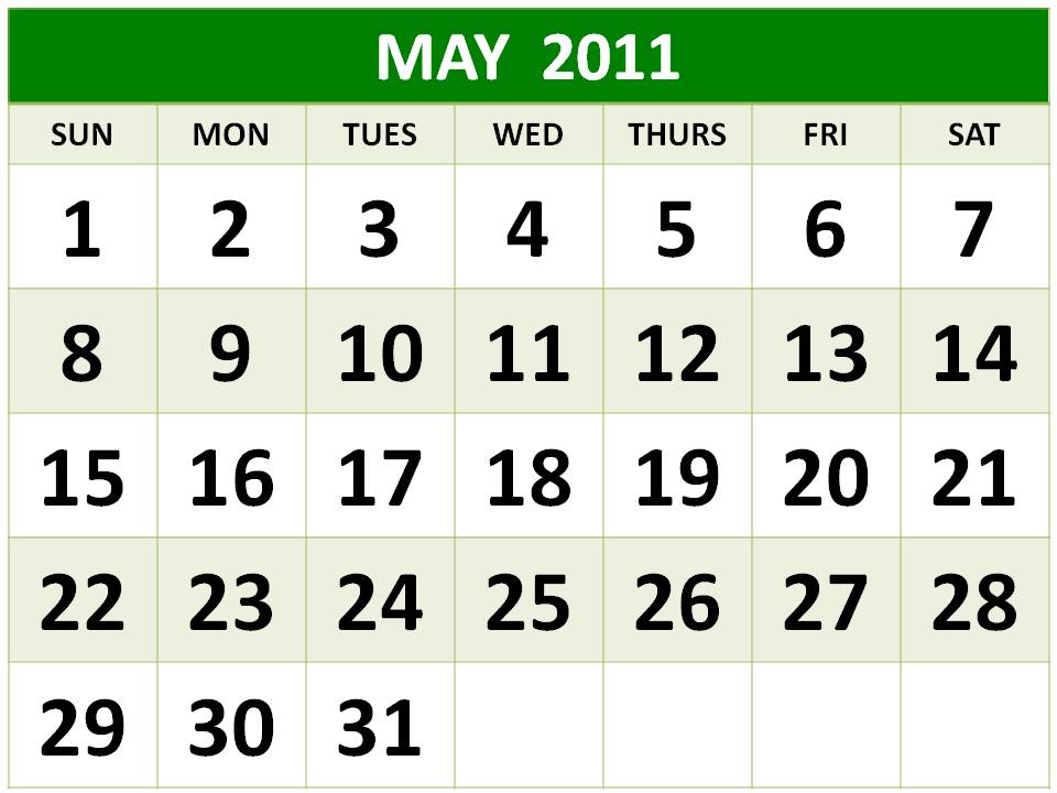 Free Printable May 2011 Calendar with big fonts