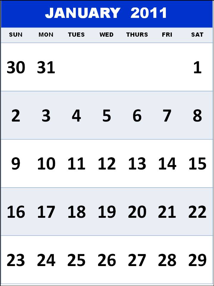 Printable January 2011 Calendar template (Jan 2011) Printable January 2011 Calendar template (Jan 2011)