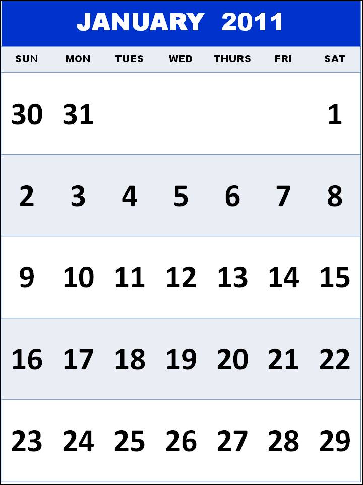 Printable January 2011 Calendar template (Jan 2011)