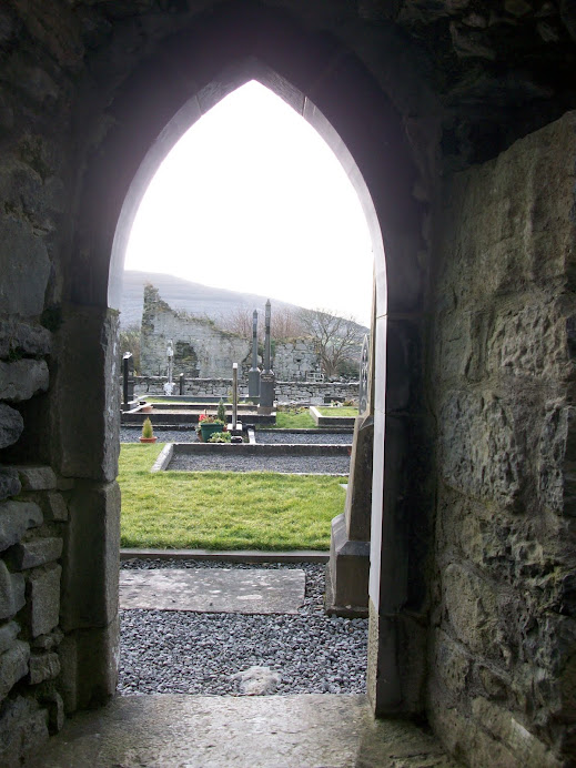 Looking out from the abbey to the graveyard